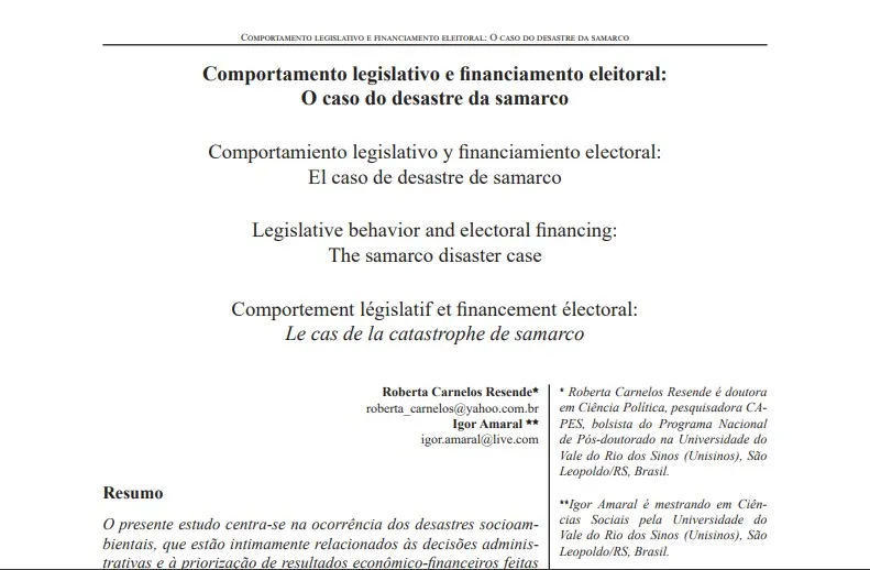 Comportamento legislativo e financiamento eleitoral: O caso do desastre da Samarco