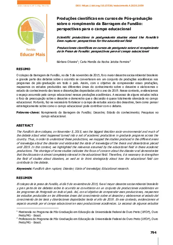 Produções científicas em cursos de pós-graduação sobre o rompimento da barragem de fundão: perspectivas para o campo educacional