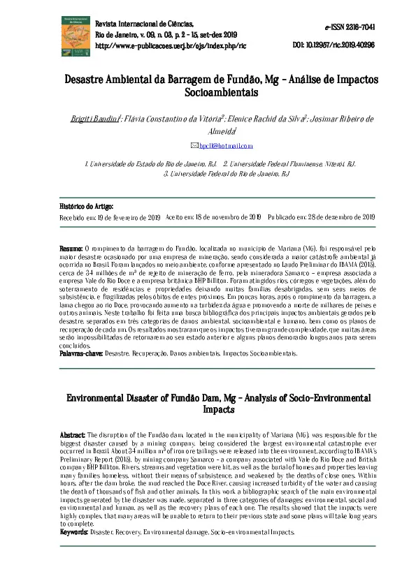 Desastre Ambiental da Barragem de Fundão, MG – Análise de Impactos  Socioambientais
