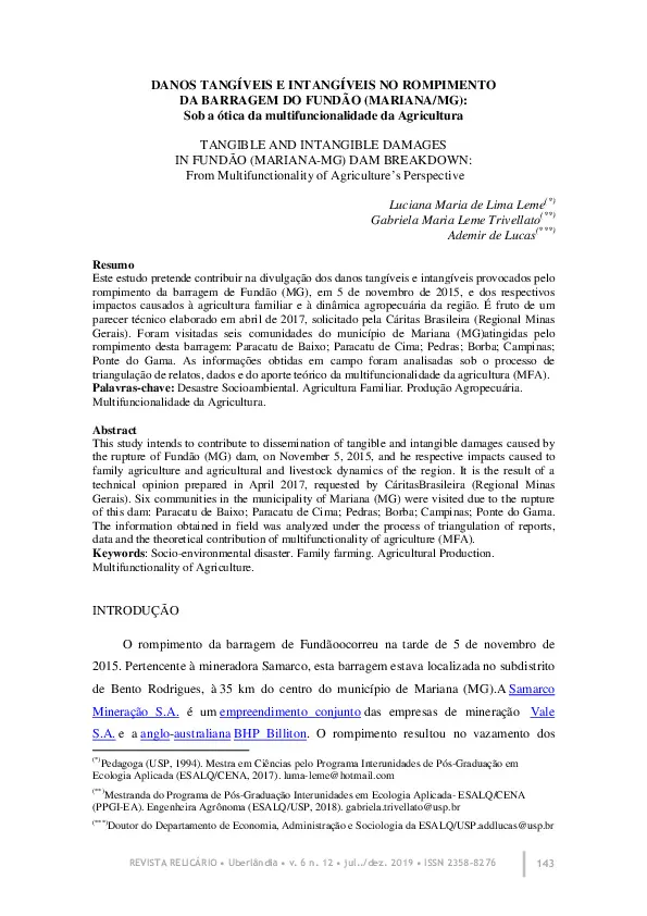 DANOS TANGÍVEIS E INTANGÍVEIS NO ROMPIMENTO  DA BARRAGEM DO FUNDÃO (MARIANA/MG):  Sob a ótica da multifuncionalidade da Agricultura