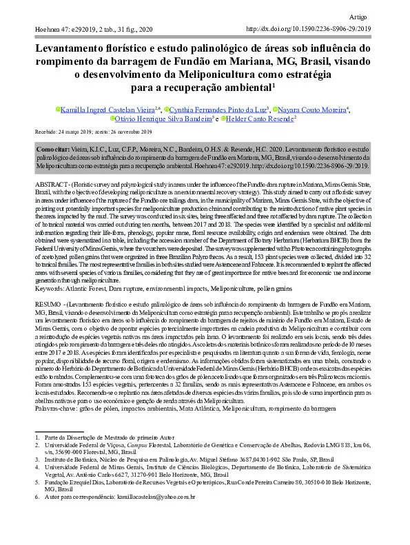 Levantamento florístico e estudo palinológico de áreas sob influência do rompimento da barragem de Fundão em Mariana, MG, Brasil, visando o desenvolvimento da Meliponicultura como estratégia para a recuperação ambiental