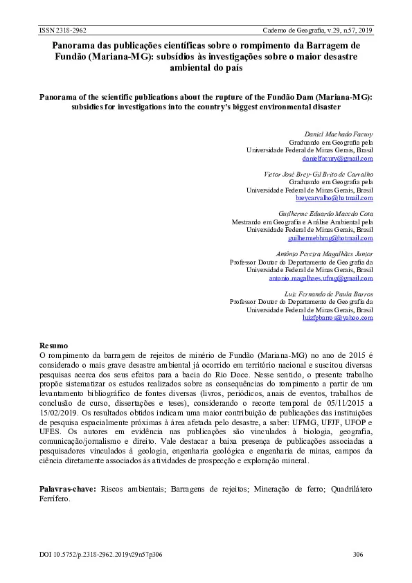 Panorama das publicações científicas sobre o rompimento da Barragem de Fundão (Mariana-MG): subsídios às investigações sobre o maior desastre ambiental do país