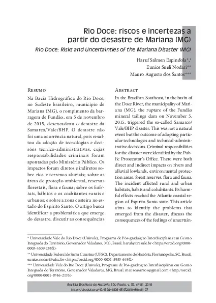 Rio Doce: riscos e incertezas a partir do desastre de Mariana (MG)