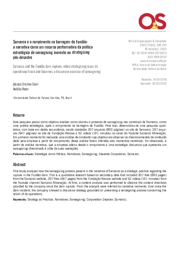 Samarco e o rompimento na barragem de Fundão:  a narrativa como um recurso performativo da prática  estratégica de sensegiving inerente ao strategizing pós-desastre