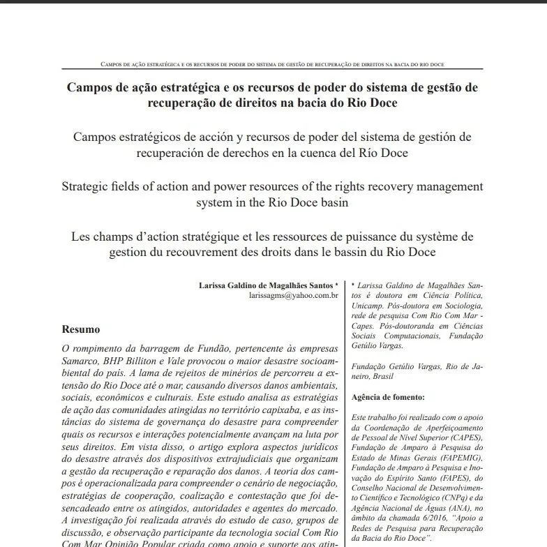 Campos de ação estratégica e os recursos de poder do sistema de gestão de recuperação de direitos na bacia do Rio Doce.