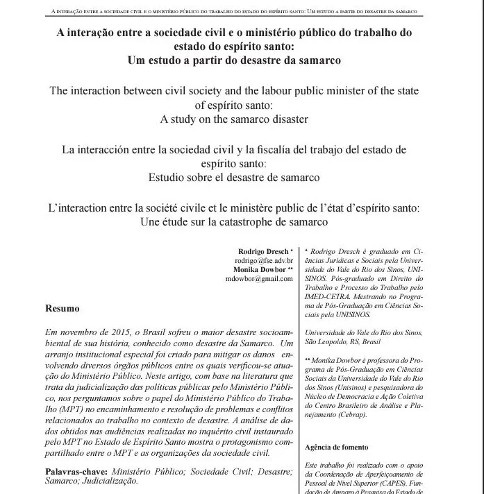 A interação entre a sociedade civil e o ministério público do trabalho do estado do espírito santo: Um estudo a partir do desastre da Samarco.