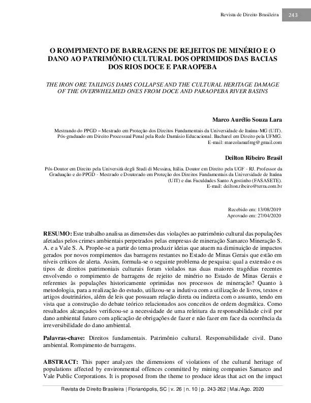 O Rompimento De Barragens De Rejeitos De Minério E O  Dano Ao Patrimônio Cultural Dos Oprimidos Das Bacias  Dos Rios Doce E Paraopeba